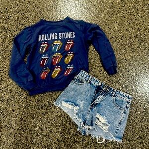 Rolling Stone XS sweatshirt and wholly smiley face ripped jeans shorts